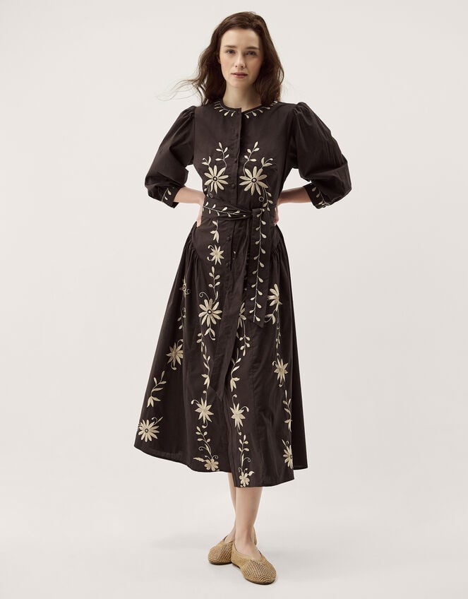 Eloise Floral Embroidered Midi Dress, Brown (CHOCOLATE), large