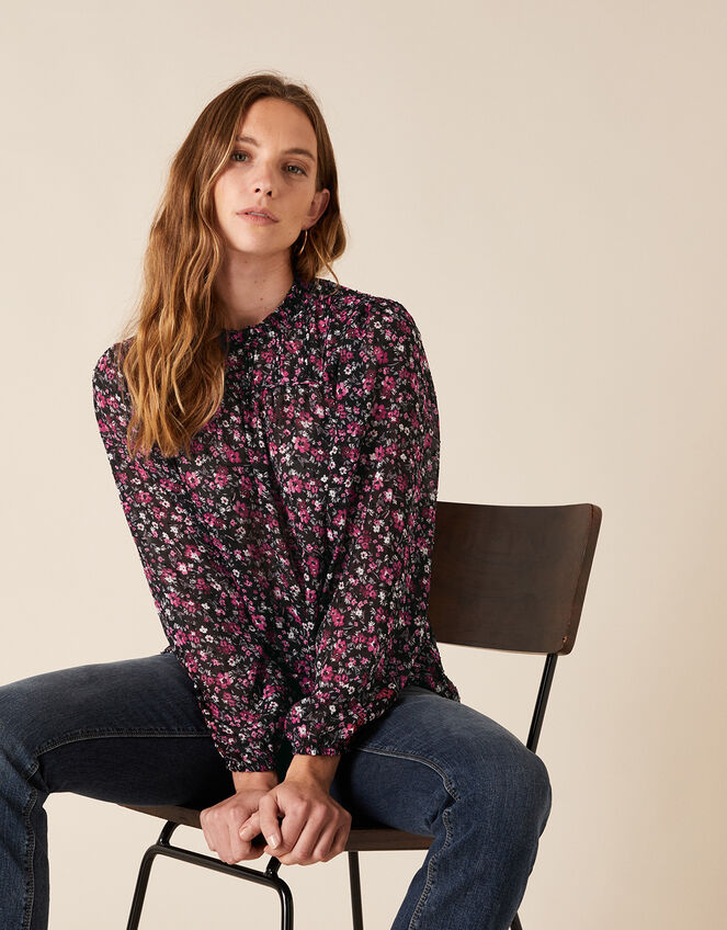 Ditsy Floral Print Blouse, Black (BLACK), large