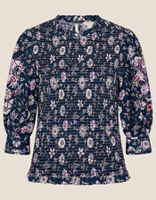 Embroidered Smocked Top, Blue (BLUE), large