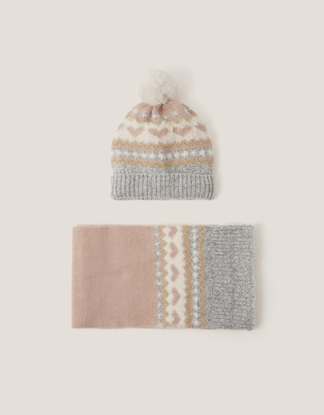 Fair Isle Heart Bobble Hat & Scarf Set, Multi (MULTI), large
