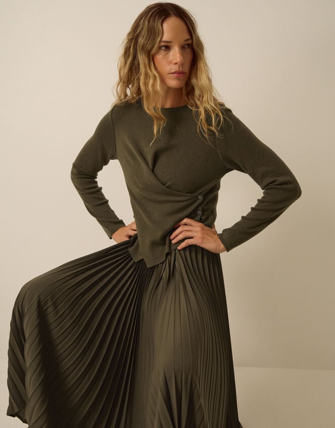 Fiz Drape Pleated Midi Dress, Green (KHAKI), large