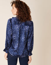 Star Print Satin Blouse, Blue (NAVY), large