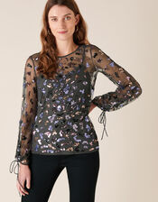 Eugiene Sequin Long Sleeve Top, Grey (CHARCOAL), large
