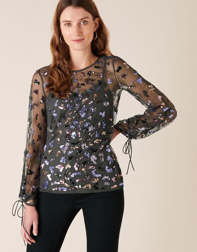 Eugiene Sequin Long Sleeve Top, Grey (CHARCOAL), large
