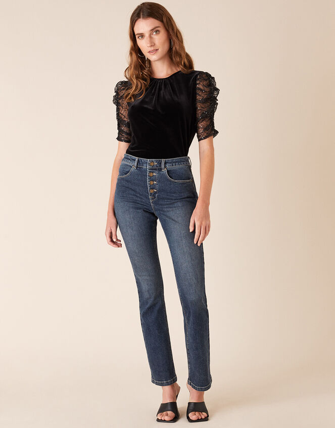 Victoria Sequin Sleeve Stretch Velvet Top, Black (BLACK), large