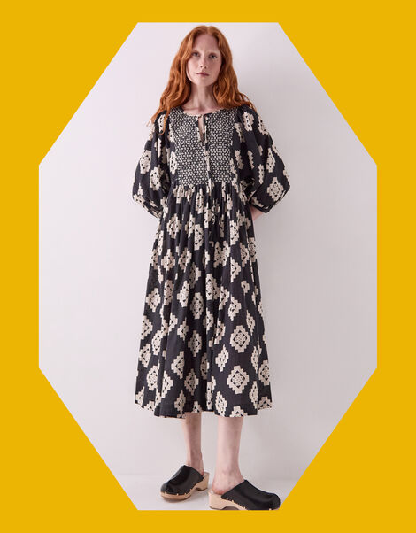 East Kaira Geometric Monochrome Midi Dress, Black (BLACK WHITE), large