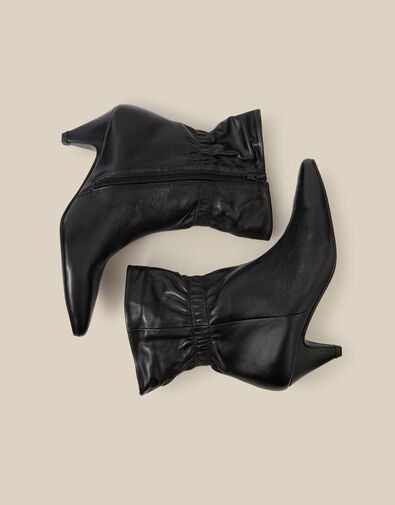 Fia Ruched Leather Kitten Heel Boots, Black (BLACK), large