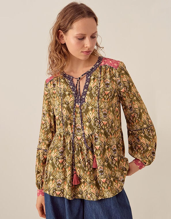 East Kiku Ikat Printed Top, Green (GREEN), large