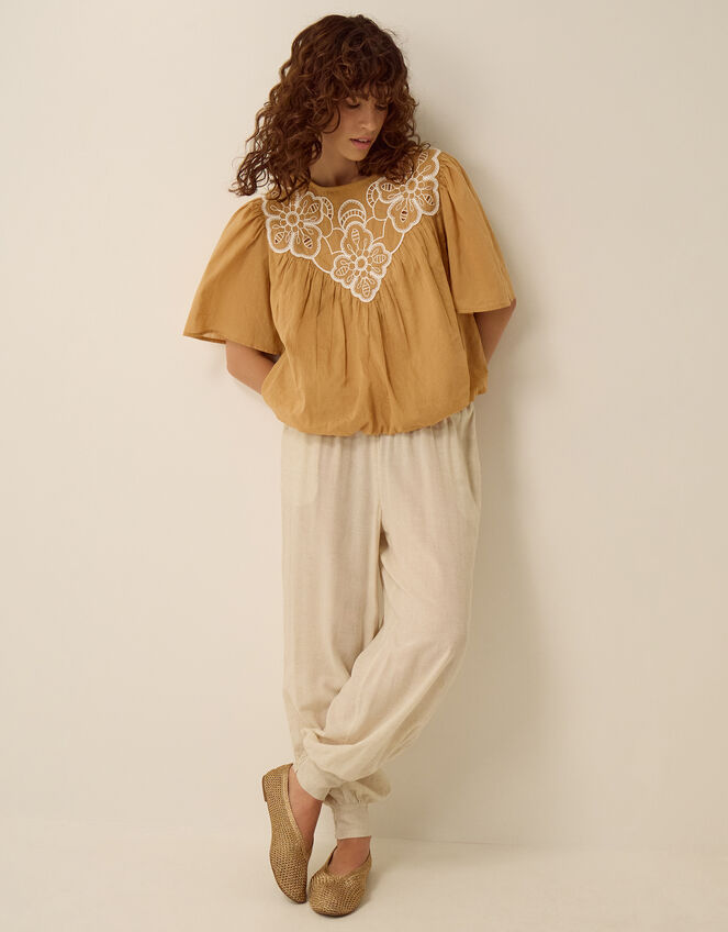 Delta Embroidered Bubble Hem Top, Camel (CAMEL), large