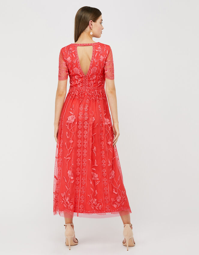 Valentina Embroidered Midi Dress, Orange (CORAL), large