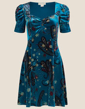 Rowan Paisley Short Velvet Dress , Teal (TEAL), large