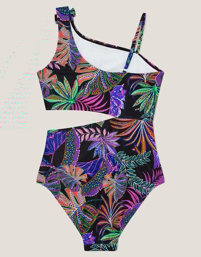 Tropical Print Asymmetrical Cut-Out Swimsuit, Black (BLACK), large