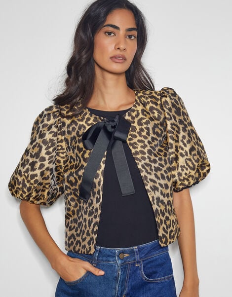 Anne Leopard Print Bow Jacket, Brown (BROWN), large