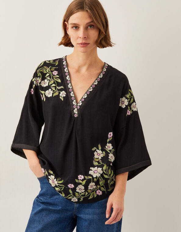 Alison V-Neck Floral Embroidered Top, Black (BLACK), large