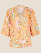 Paisley Print Top in Linen Blend, Orange (CORAL), large
