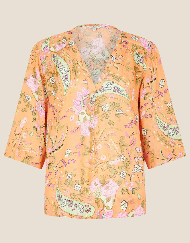 Paisley Print Top in Linen Blend, Orange (CORAL), large
