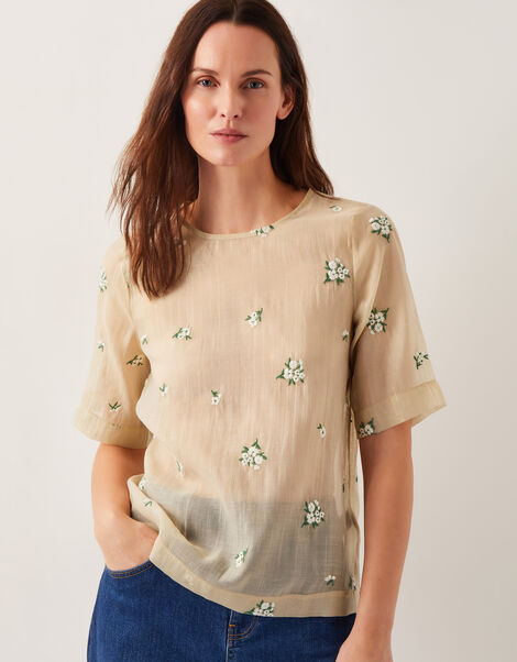 Sacha Short-Sleeve Embroidered Top, Gold (GOLD), large
