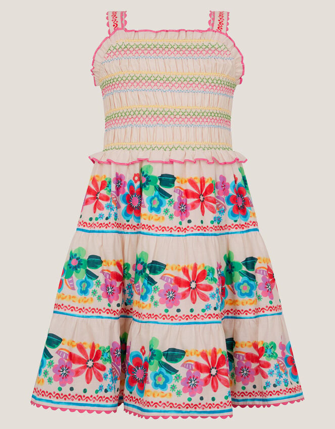 Floral Print Shirred Dress, White (WHITE), large
