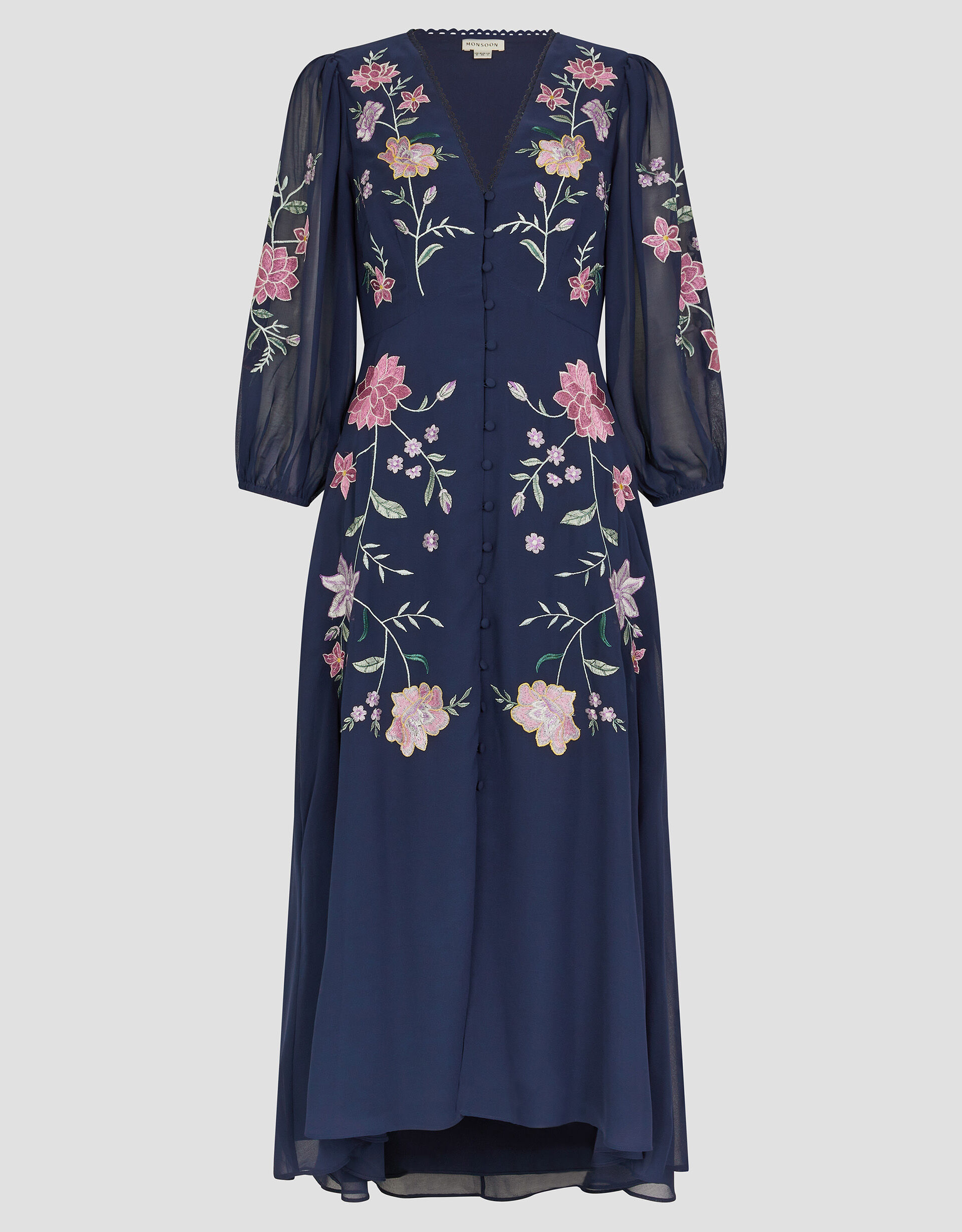 Emani Floral Embroidered Midi Tea Dress Blue