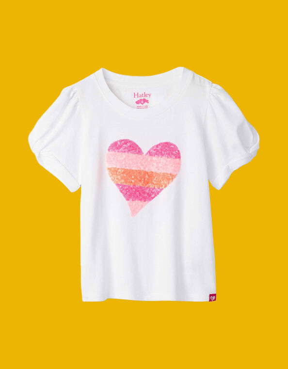Hatley Sequin Heart Twist Sleeve T-Shirt, White (WHITE), large
