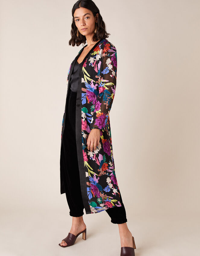 Burnout Floral Print Satin Kimono, Black (BLACK), large