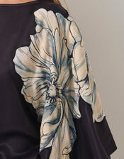 Emilia Floral Satin Kimono Dress, Black (BLACK), large