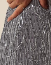 Samie Sequin Fringe Pencil Skirt, Dark Silver (GUNMETAL), large