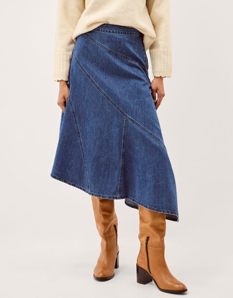 Annie Asymmetric Denim Midi Skirt, Blue (MID AUTHENTIC BLUE), large