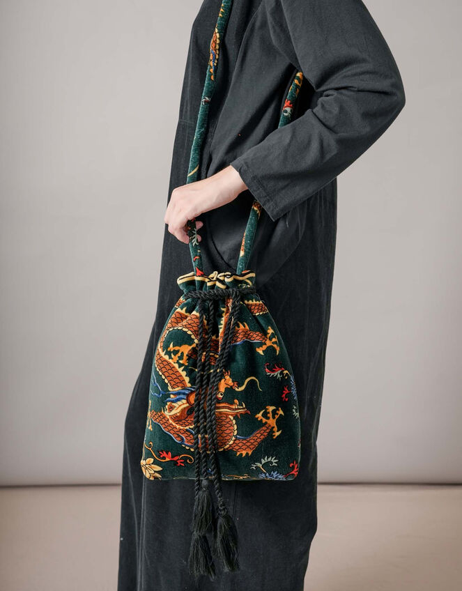 One Hundred Stars Dragon Velvet Tassel Bag, Green (GREEN), large