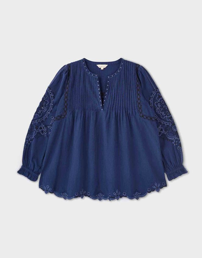 East Pavlina Embroidered Cotton Top, Blue (NAVY), large