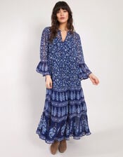 East Print Tiered Maxi Dress, Blue (NAVY), large