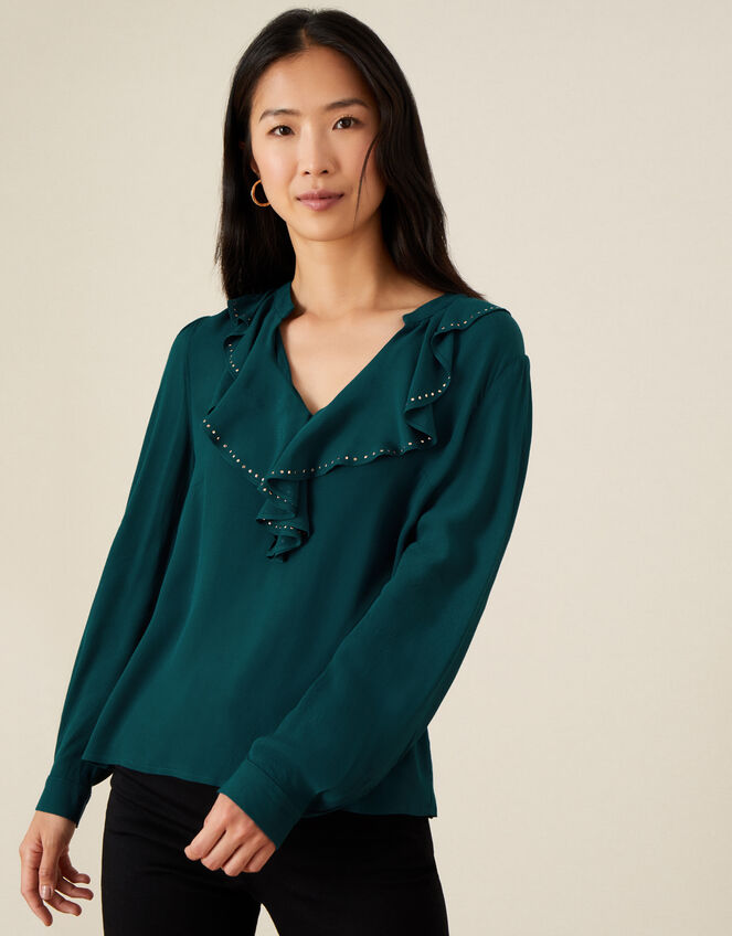 Studded Frill Neck Blouse, Teal (TEAL), large