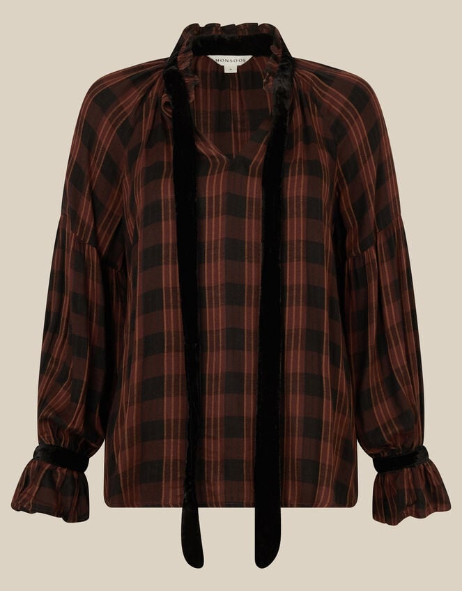 Elsa Check Print Blouson Blouse, Brown (BROWN), large