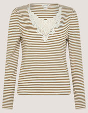 Lauren Lace Stripe Jersey Top, Ivory (IVORY), large