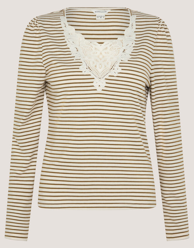 Lauren Lace Stripe Jersey Top, Ivory (IVORY), large