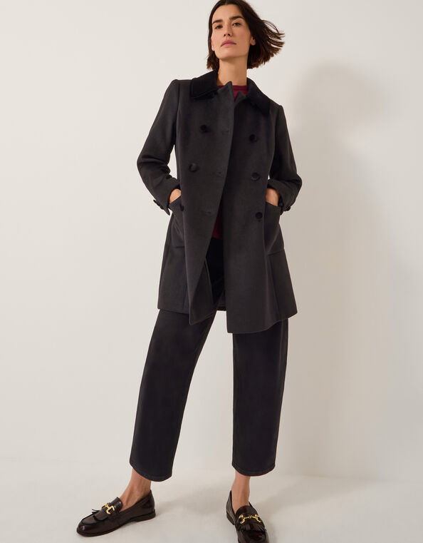 Lottie Velvet Trim Double Breasted Coat, Black (BLACK), large