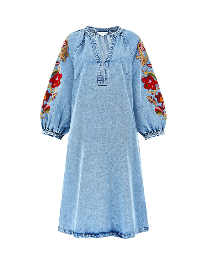 East Embroidered Denim Dress, Blue (BLUE), large