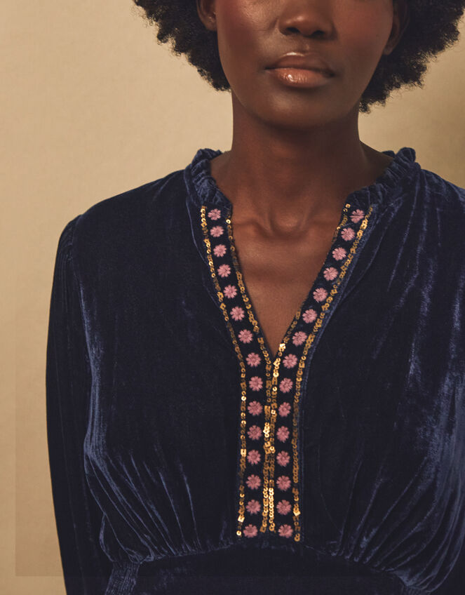 Easy Wendy Floral Embroidered Velvet Maxi Dress, Blue (NAVY BLUE), large