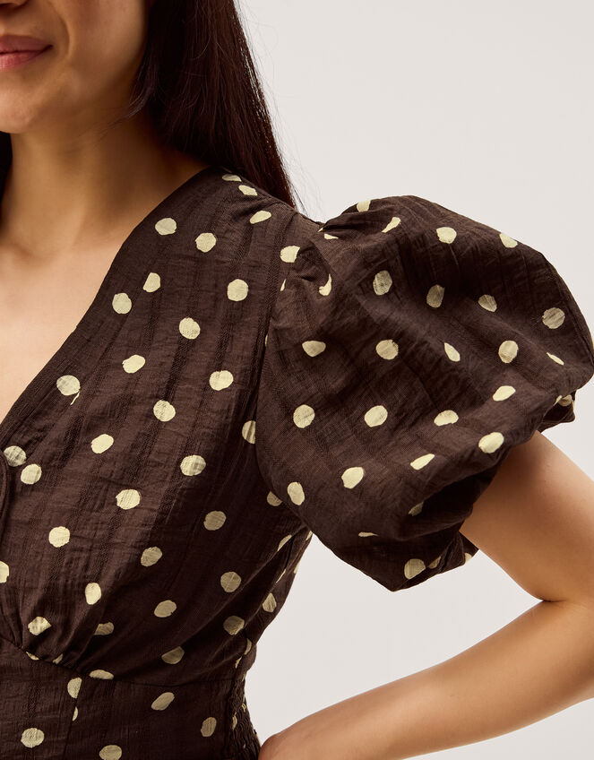 Paris Puff Sleeve Polka Dot Midi Dress, Brown (CHOCOLATE), large