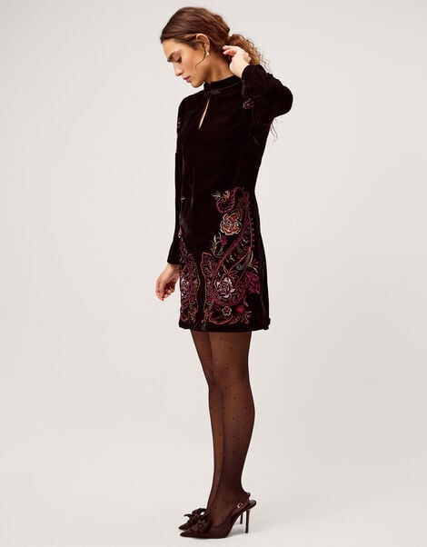 Faye Floral Velvet Mini Tunic Dress, Black (BLACK), large