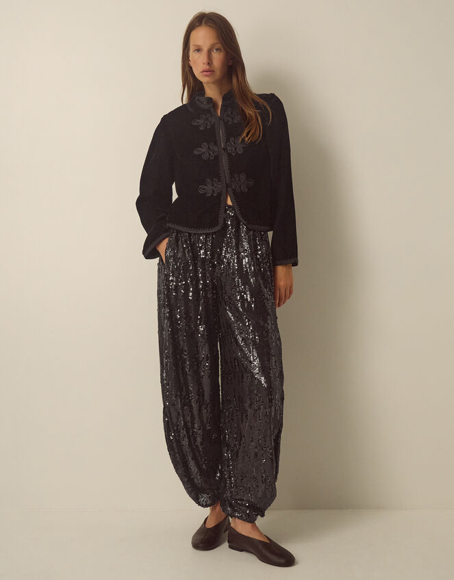 Viola Beaded Frogging Velvet Jacket, Black (BLACK), large
