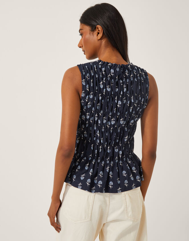 Denis Sleeveless Smocked Floral Top, Blue (NAVY), large