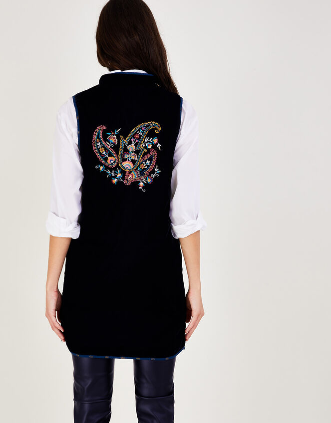 Jordan Paisley Embroidered Longline Velvet Waistcoat, Black (BLACK), large