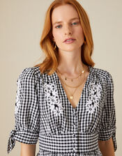 Gingham Check Embroidered Dolly Dress, Black (BLACK), large