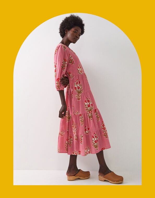 East Macy Floral Tiered Midi Dress, Pink (PINK), large