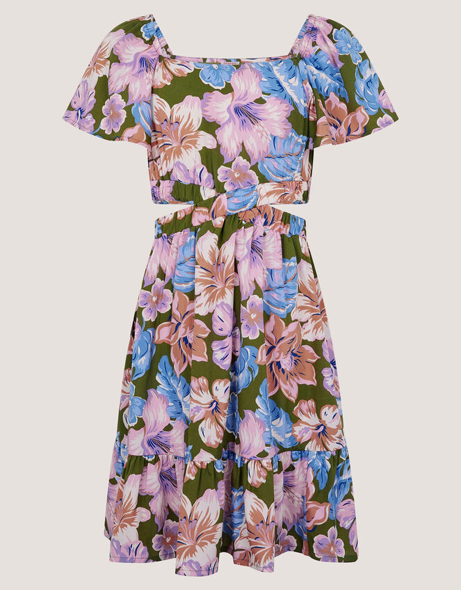 Floral Short Sleeve Cut Out Dress, Green (KHAKI), large