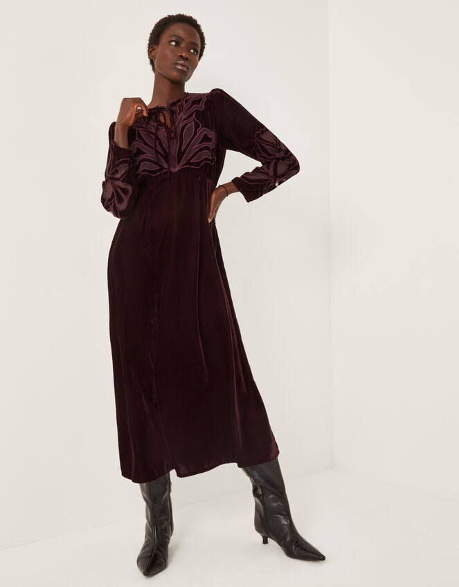 Ezra Embroidered Velvet Midi Dress, Purple (AUBERGINE), large