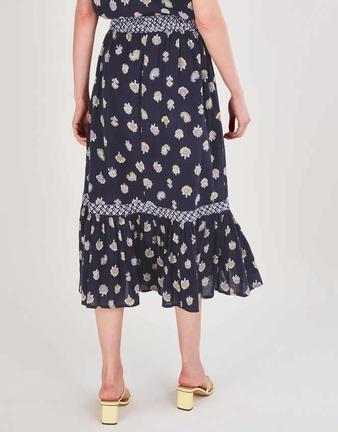 Floral Print Midi Skirt, Blue (NAVY), large