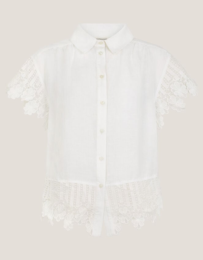 Lara Linen-Blend Short Sleeve Shirt, White (WHITE), large