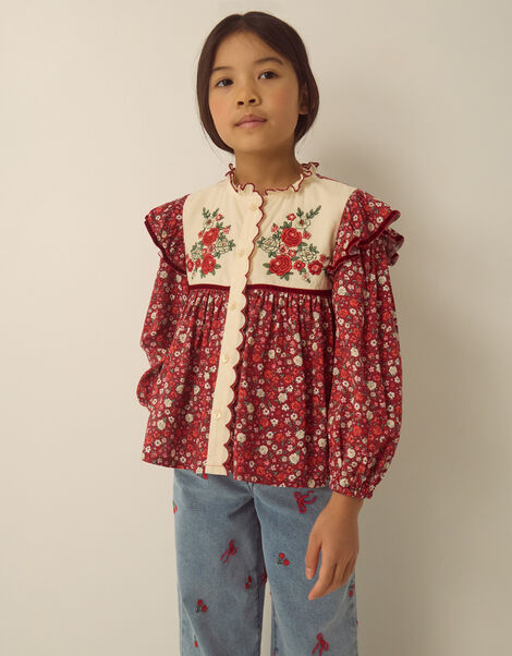Ditsy Floral Embroidered Blouse, Red (BURGUNDY), large